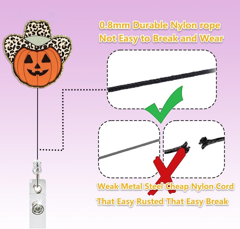 LEBEIGHT Funny Jack-O-Lantern Badge Reel Retractable, Cowboy Pumpkin Halloween Badge Reel for Nurse Nursing RN CNA LPN CMA & Medical Worker, Fall Nurse Badge Holder with Alligator Clip & 24” Durable Nylon Cord - Image 4